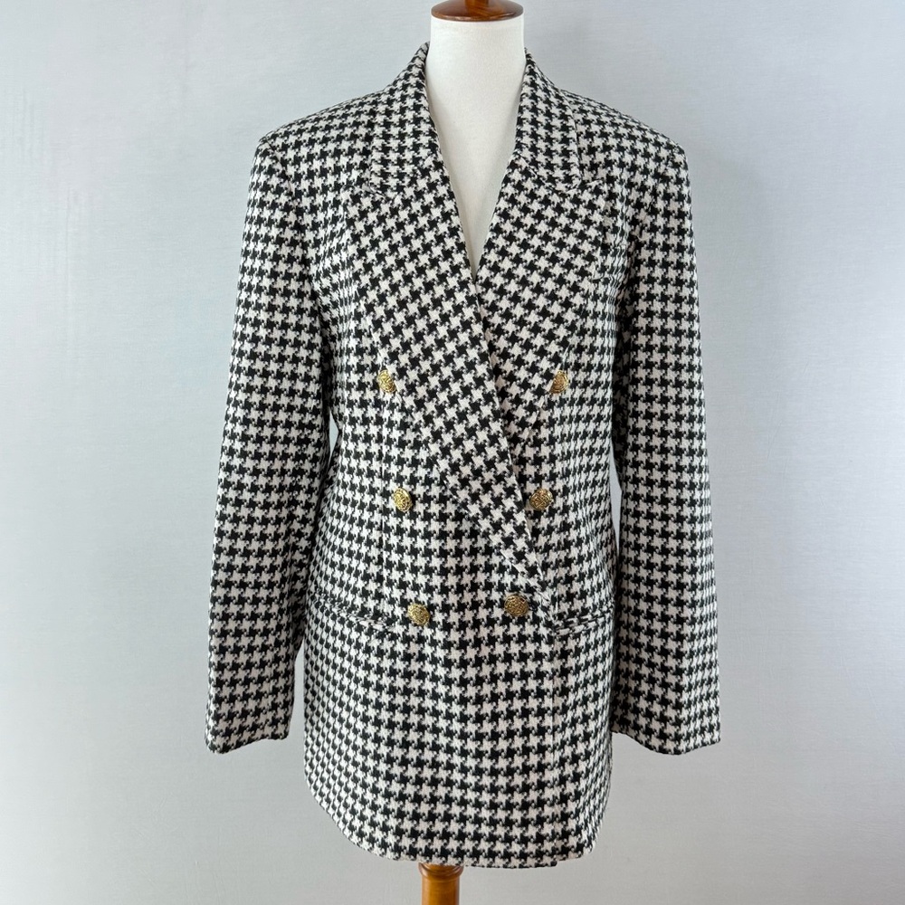 Stephanie Andrews Black and White Houndstooth Long Wool Blend Blazer